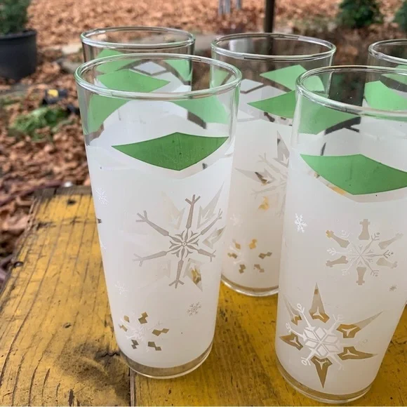 Vintage Green White Snowflake Frosted Drinking Glasses Tumblers MCM Set 6 Atomic